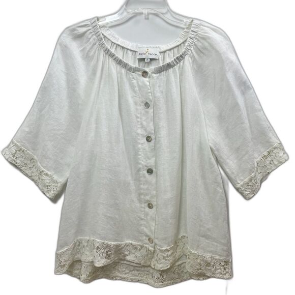 Belle France Boho White Linen Top with Lace Trim 3/4 Sleeve Boxy Sz Medium Italy - Picture 1 of 7